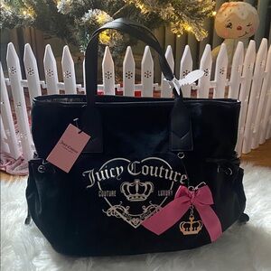 Juicy Couture Tote Bag Purse Licorice Velour Pink Bow Bag Charm Crown Royalty